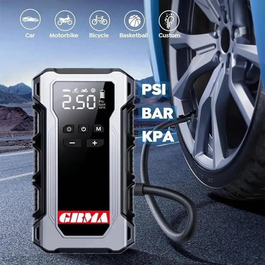 Avviatore di emergenza portatile 12V per auto con luce LED integrata e pompa d'aria per auto, moto e biciclette
