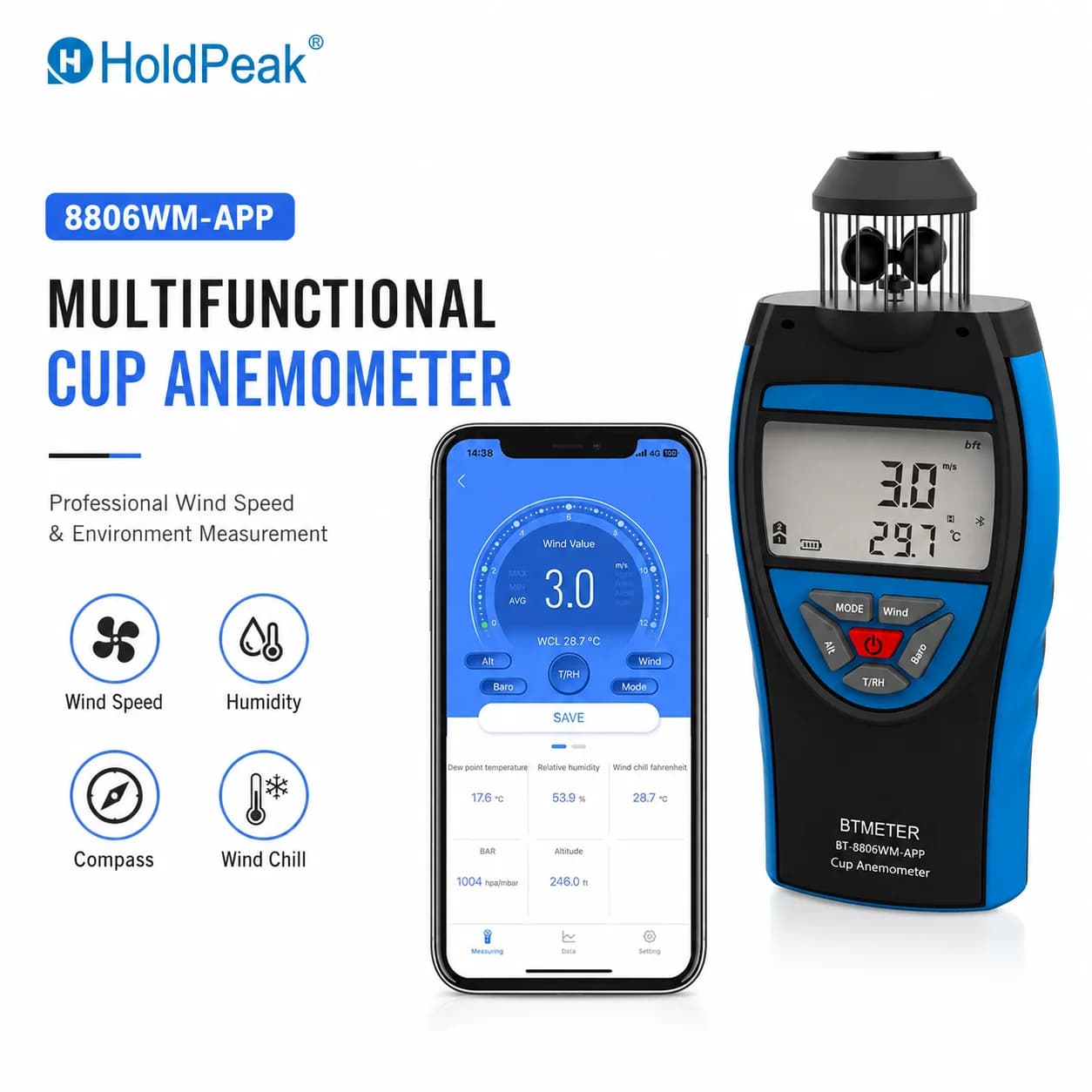 BTMETER Digital Cup Anemometer with APP, Wind Speed Data Logger, Air Flow Meter with Barometer Temp Humidity Altitude