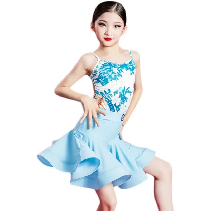 Abito da ballo latino personalizzato Abito da pratica Abito da competizione professionale per ragazze Top e gonna stampati blu