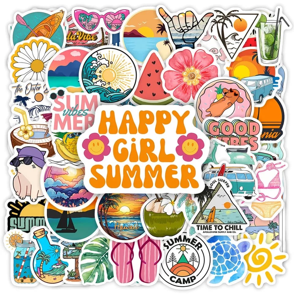 Sunshine Vibes Vinyl Stickers Featuring Ocean Waves Palm Trees and Surfboards Ideal for Water Bottles Laptops Phones Cars and Cr