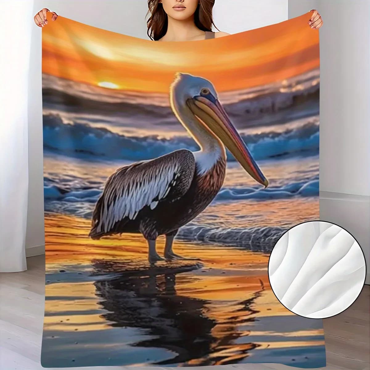 Soft Flannel Blanket Stunning Seascape Art Pelican Bird On Sandy Beach Under Gorgeous Golden Sunset Ocean Surf Reflection