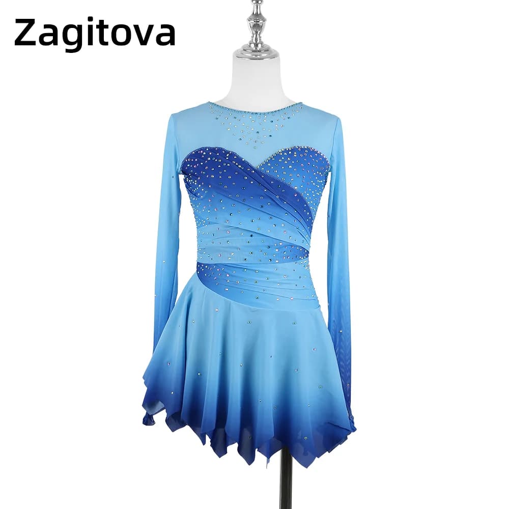 Zagitova Abito da pattinaggio di figura Gonna da pattinaggio su ghiaccio per ragazze da donna Concorso di prestazioni Gonna a rete blu sfumata con diamanti lucidi
