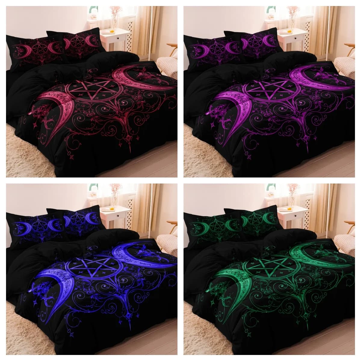 Set di 3 pezzi con copripiumino gotico a tripla luna e stelle, squisita biancheria da letto botanica rosa e rossa per la decorazione di hotel e dormitori familiari