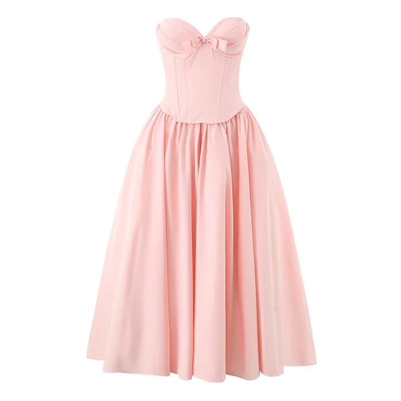 YENKYE Sexy Strapless Bow Elegant Evening Party Dresses For Women Lace Up Bandage Back Ball Gown Yellow Dress Christmas Robe