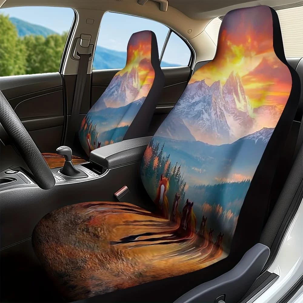 Set Of 2, Contemporary Horse Sunset Mountain Scene Car Seat Covers, Cozy And Machine Washable, Fits Most Cars, Perfect For A Chi