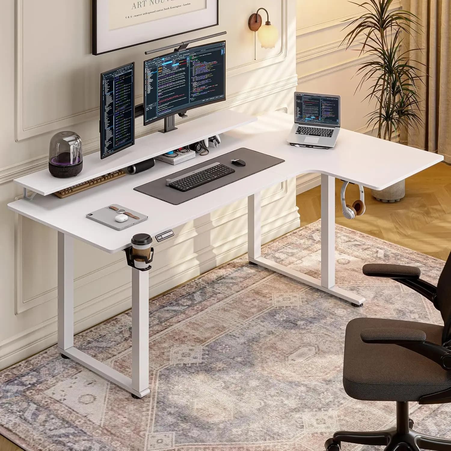 L 71x43" Electric Desk Adjustable with Double Motor, Height 28-46", for Home, Office, Gaming, with 2 Monitor shelves, Customizable