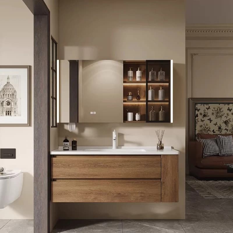 Mobile bagno combinato medio anticato con lavabo integrato in ceramica, mobiletto organizer per lavabo e WC
