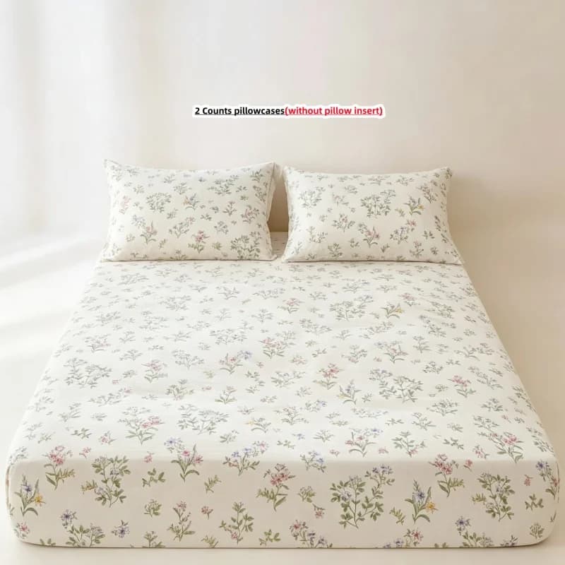 3Pcs Plant Fitted Bed Sheet With Elastic Band Anti-slip Adjustable Mattress Cover (Pillowcase without pillow core))