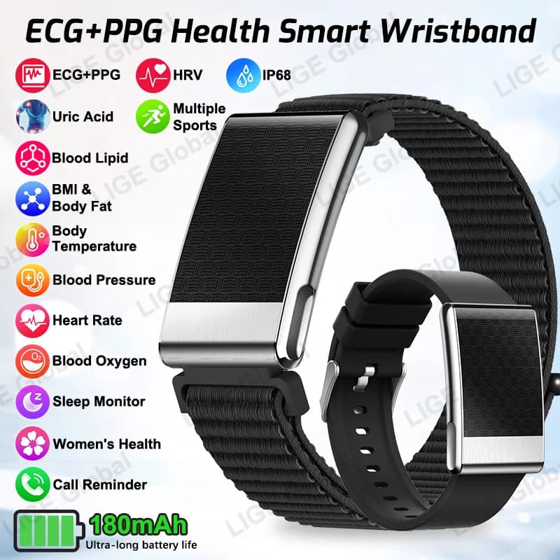 LIGE 2026 New Smart ECG+PPG Bracelet for Men and Women, HRV Monitoring, Blood Pressure, Body Fat, Urico Acid, Health and Sport, Screenless Smartwatch