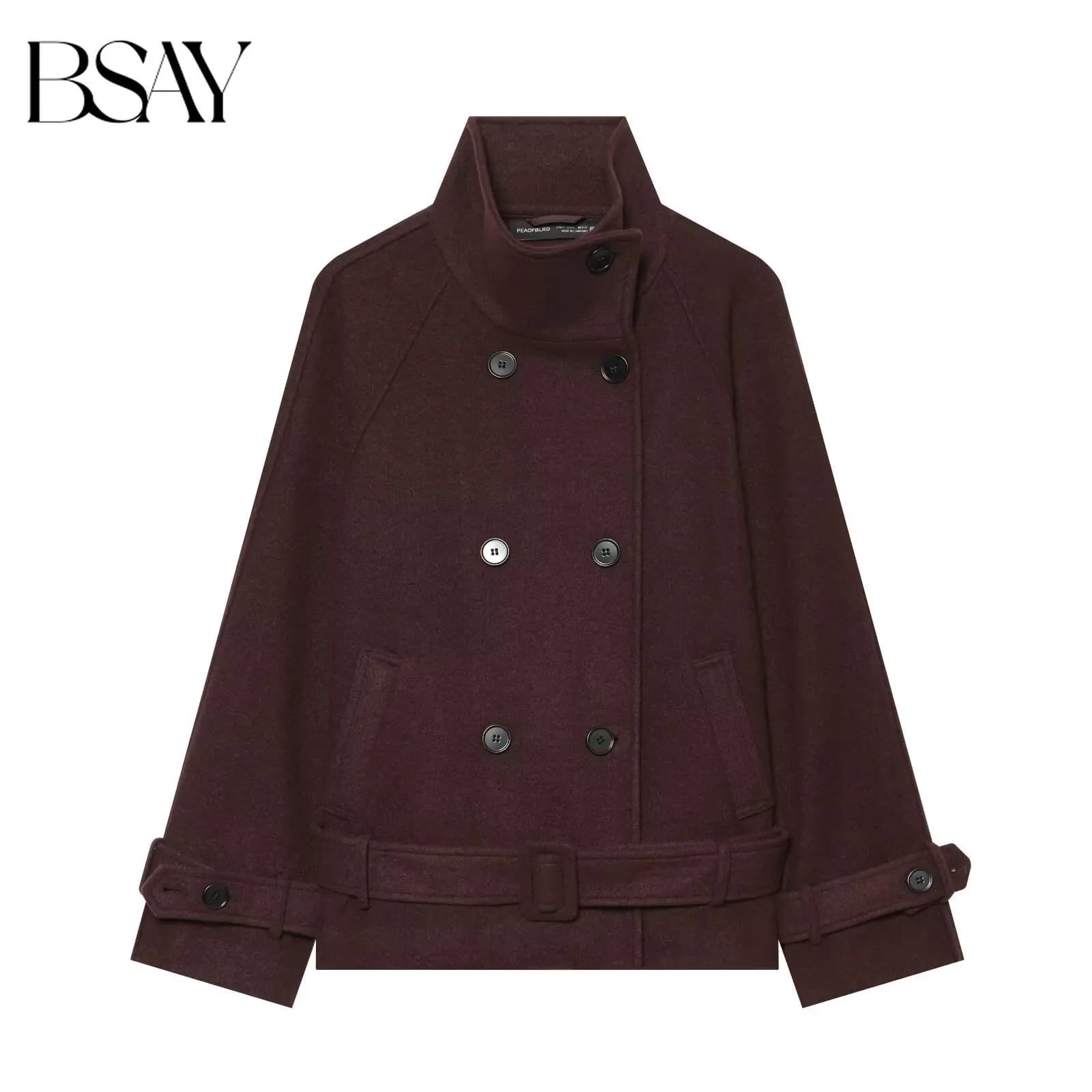 BSAY 2026 Vintage Commute Women Cropped Outer Coat Stand Collar Double Breasted Belted Waist Raglan Sleeve Loose Warm Outerwear