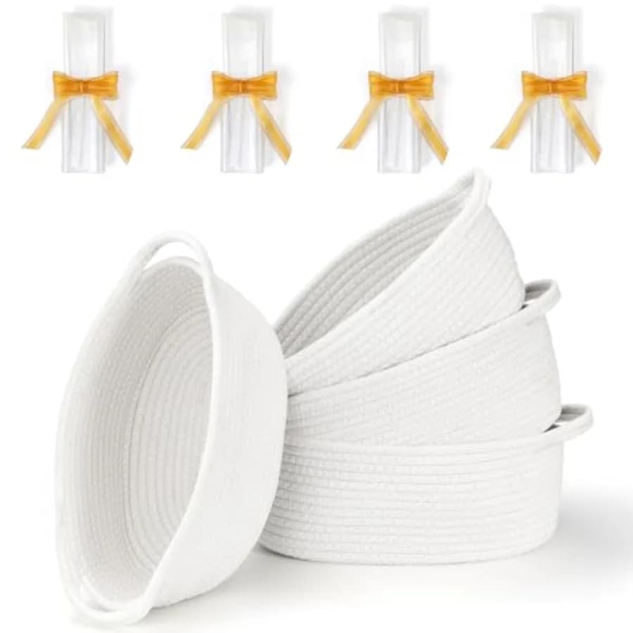 Set di 4 Cestini Intrecciati Piccoli con Manici, 12"x 8"x 5", in Corda di Cotone, per Ripiani e Contenitori, Cesto Portaoggetti per Giocattoli per Gatti, Cesto Regalo Carino per Bambini