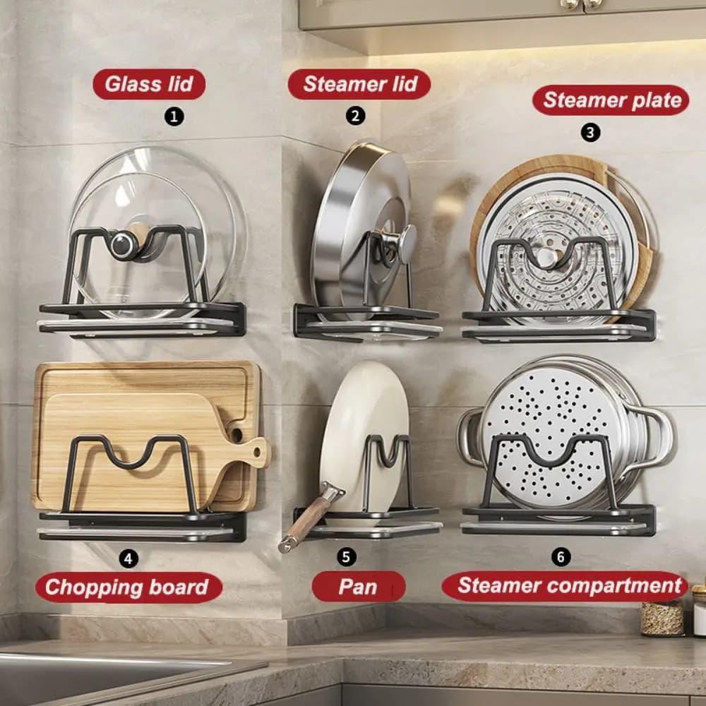 Wall Mounted Cutting Board Holder Good Load-bearing Punch Free Pot Cover Drain Rack Carbon Steel Stable Pot Lid Organizer
