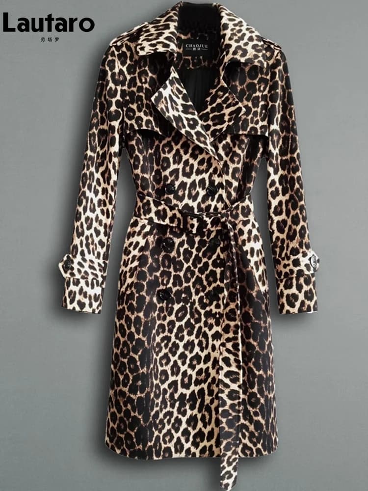 Lautaro Primavera Autunno Lungo Elegante Trench con stampa leopardata per donna Cintura doppio petto Abiti casual firmati di lusso 2023