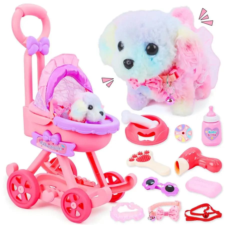 Giocattoli per cani per bambine, set da gioco per passeggino per cuccioli di imitazione per bambini, giocattolo elettronico interattivo per cani che abbaia, cura degli animali domestici