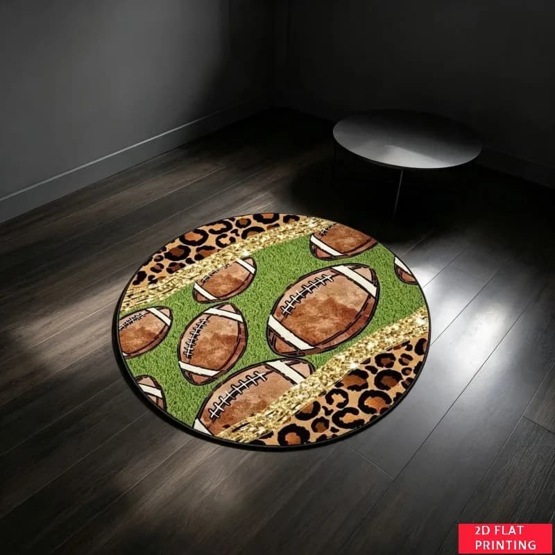 Sporty American Football Leopard Print Round Rug For Game Room Decor With Non-Slip Backing And Durable Printed Carpet Design