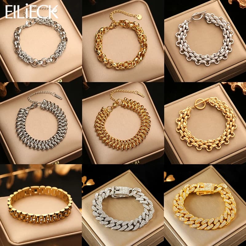 EILIECK Minimalist 18K PVD Plated Stainless Steel Thick Chunky Chain Bracelet Bangle For Women Hip-Hop Punk Wrist Chain Jewelry