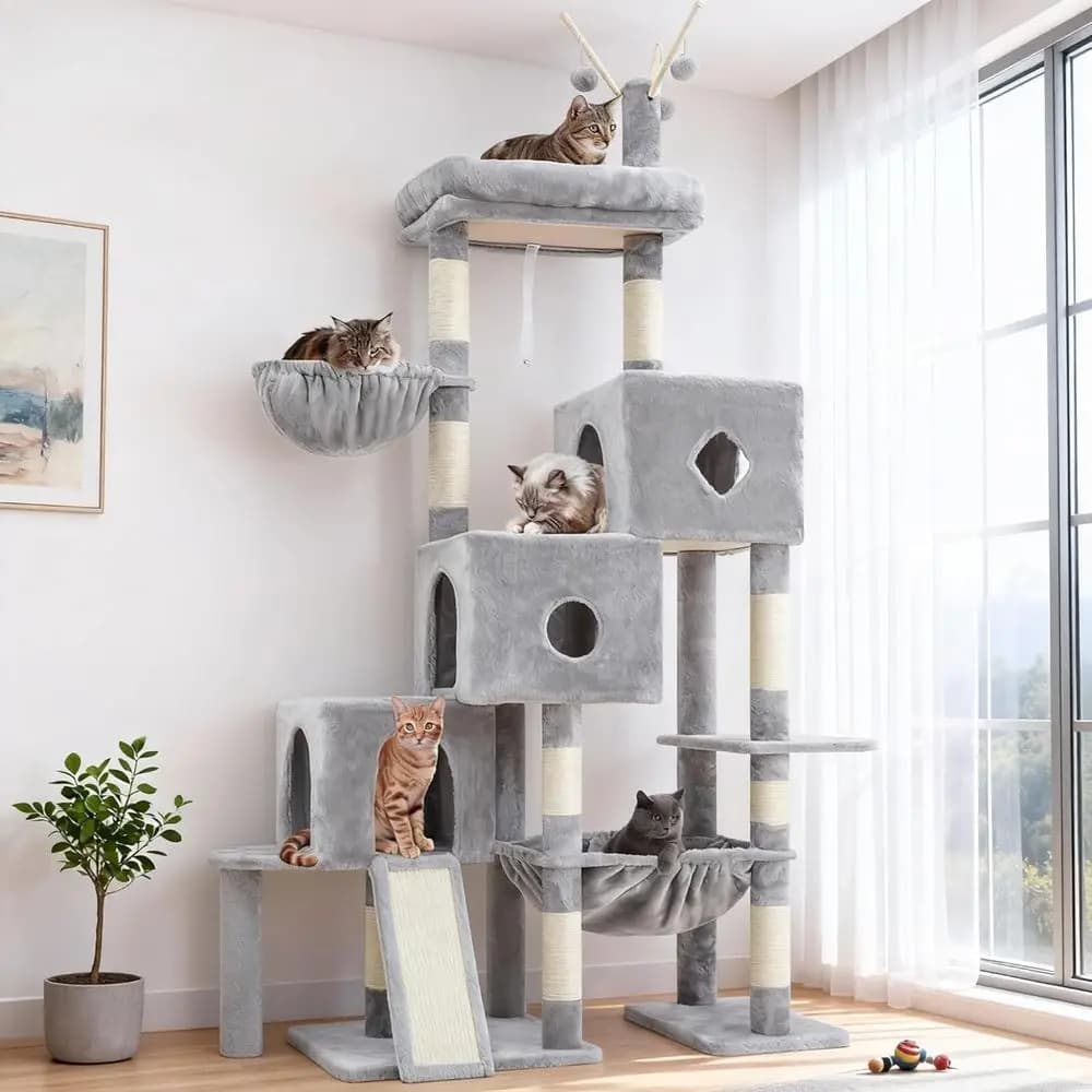 Grande Albero per Gatti da Interno con 3 Casette, Tiragraffi, Cesto, Letto, Tavola di Sisal, Percorso di Arrampicata, Giocattoli, 74,8 cm per Gatti Grandi