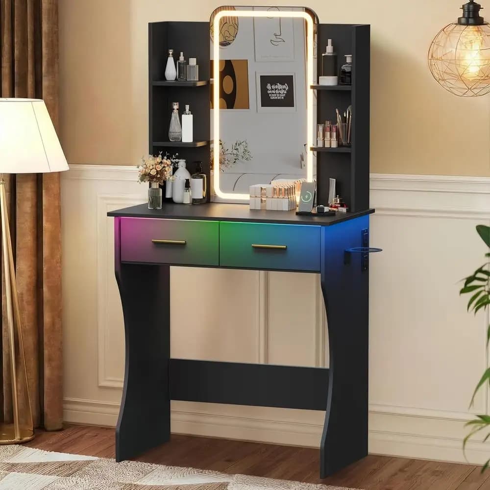 Tavolino da Trucco Compatto con Specchio, Luci, Stazione di Ricarica, Vano Portaoggetti, Illuminazione RGB e Supporto per Asciugacapelli