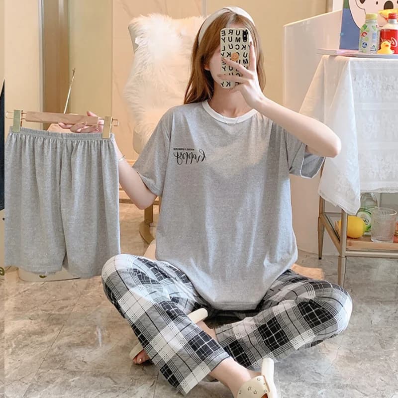 Pigiama Estivo da Donna a Maniche Corte, Set 3 Pezzi per Ragazze Adolescenti: Top a Maniche Corte e Pantaloni Lunghi, Abbigliamento Casual Traspirante