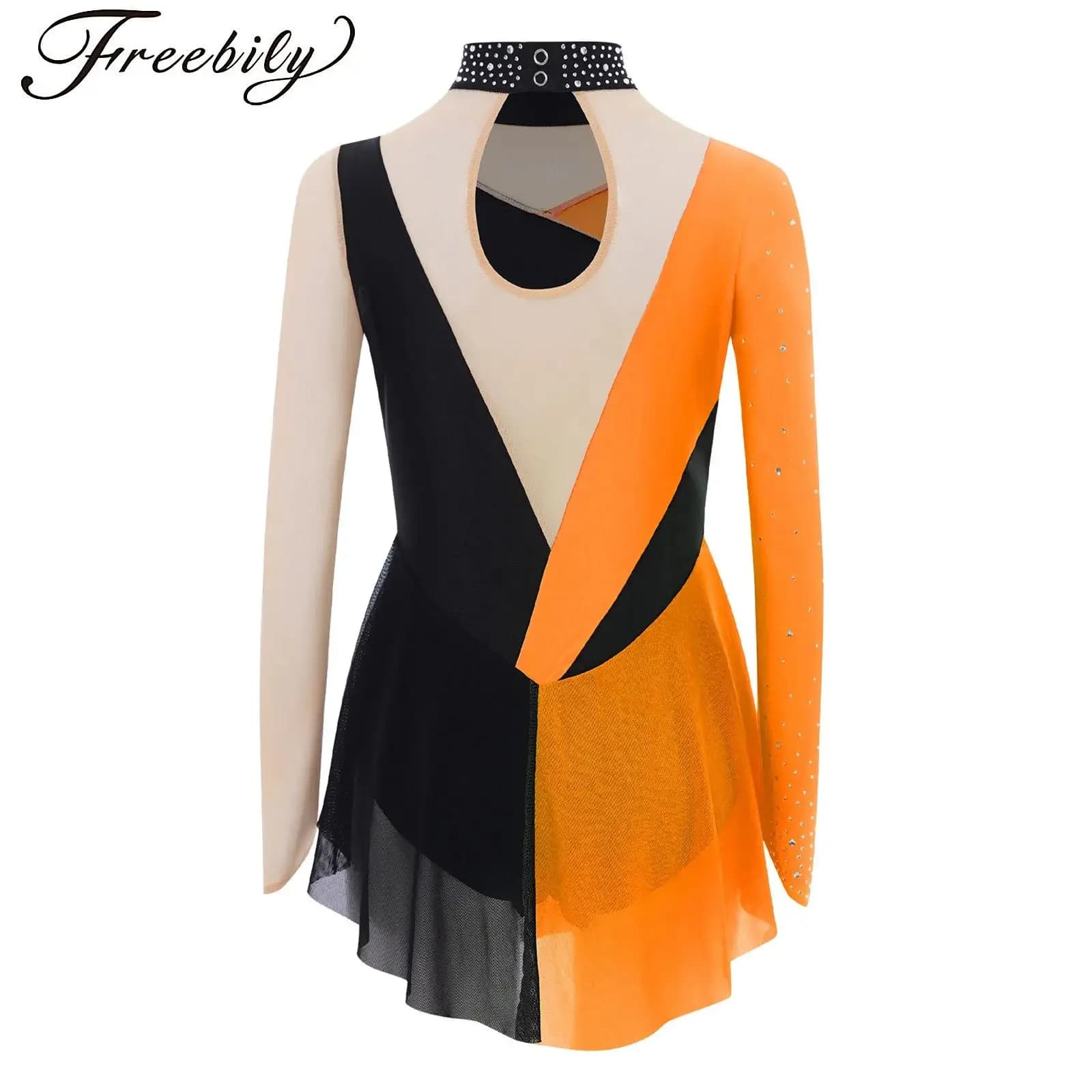 Body da pattinaggio di figura per bambina, manica lunga, maglia trasparente, ginnastica, balletto, body scintillante con strass, danza ritmica
