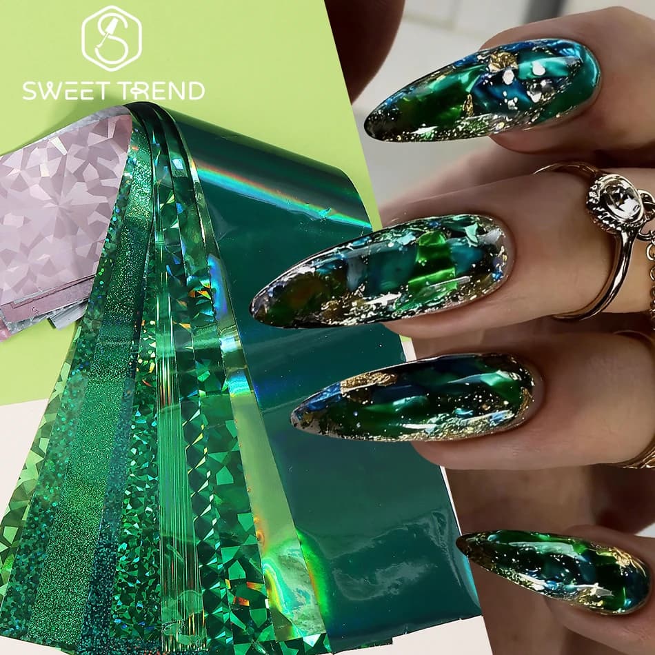 1 Confezione Serie Verde Fogli per Nail Art Effetto Cromo a Specchio, Carta Effetto Cielo Stellato, Decalcomanie per Unghie Fai da Te, Decorazioni per Manicure