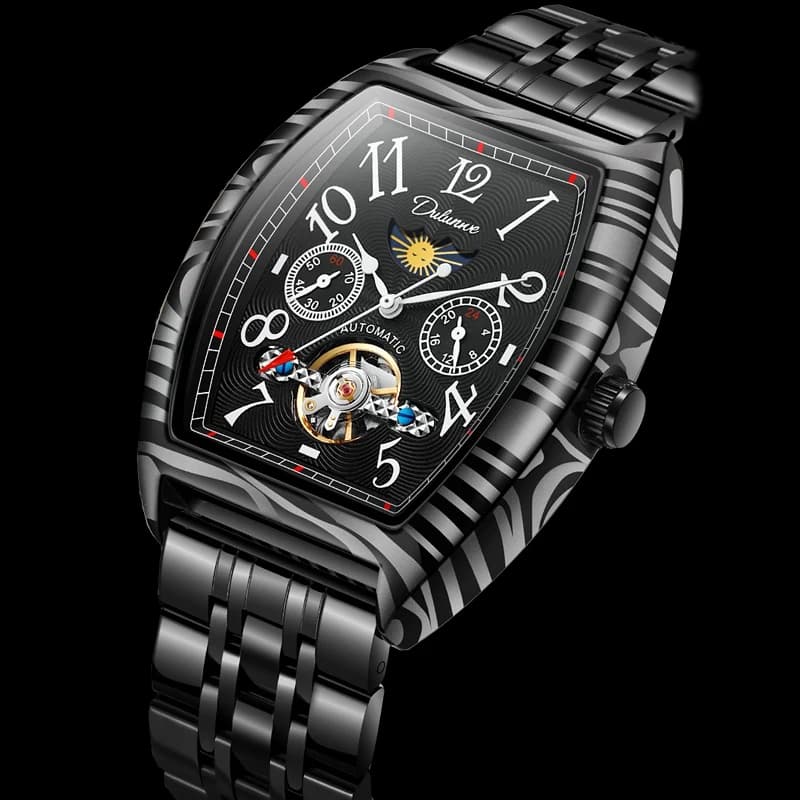 Moon Phase Tourbillon Mechanical Watch for Men Fashion Carbon Fiber Pattern Design Black Steel Waterproof Automatic Watch Reloj