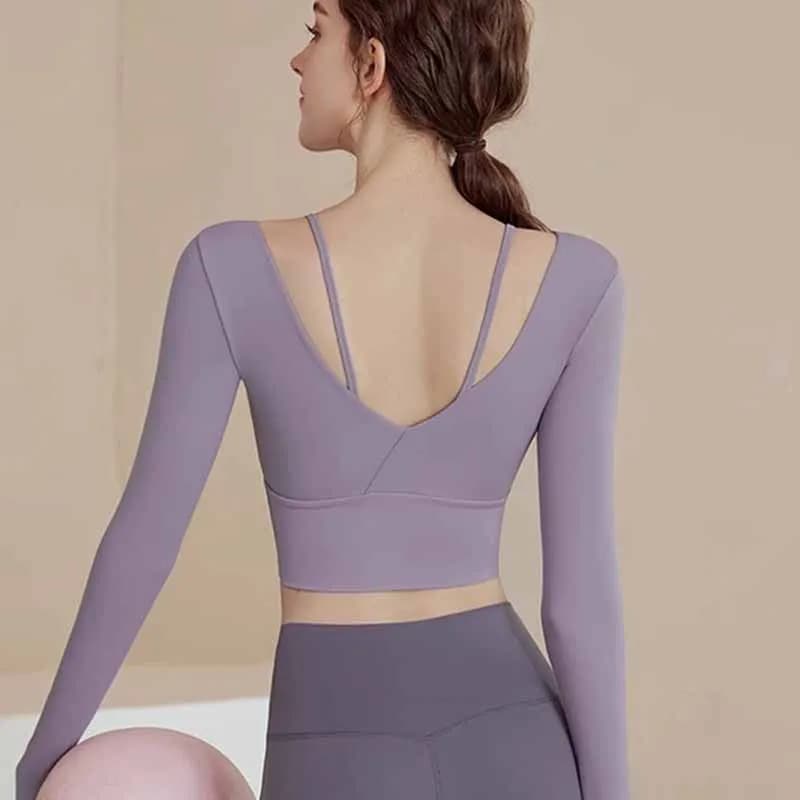 Camicia sportiva da donna Manica lunga Fitness Crop Top Tazza incorporata Camicie da yoga Pilates Abbigliamento sportivo Allenamento Allenamento Palestra Top Activewear