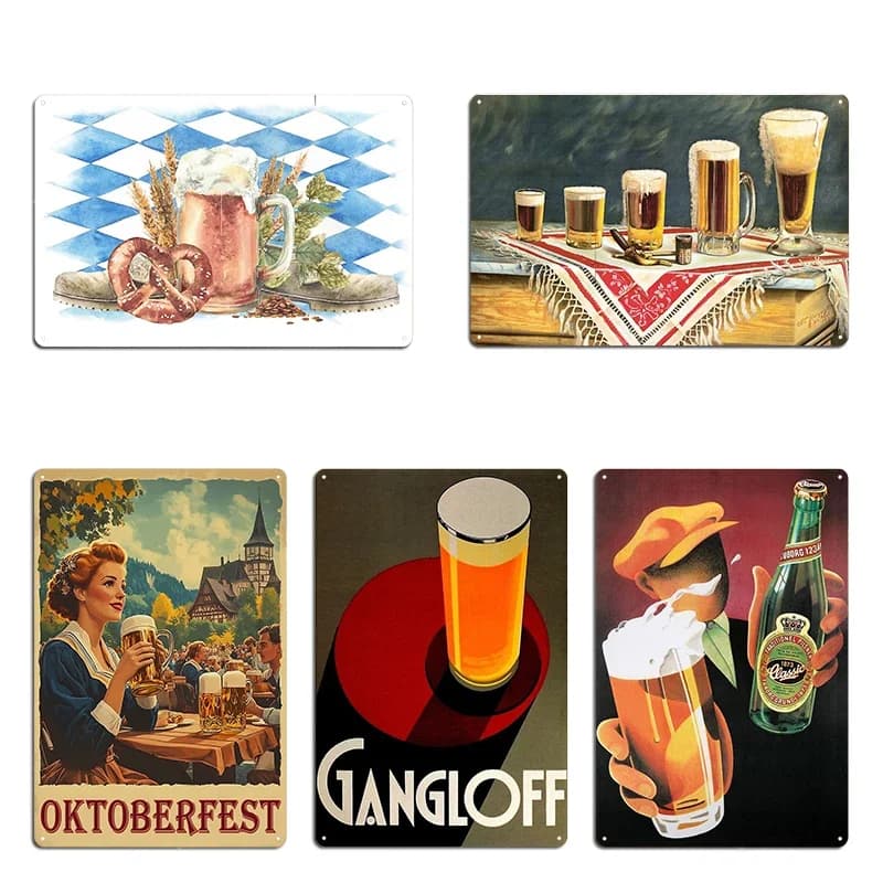 Targa in metallo con poster della birra Red Gangloff, grande bicchiere, Light Ale, Lager, Pilsen, Oktoberfest, birra in boccale, pretzel tradizionale tedesco salato