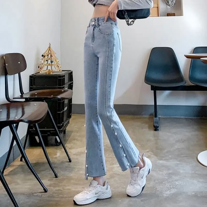 Women's 2026 Summer Denim Flare Pants High Waist Slim Fit Ankle Length Jeans For Petite Split Hem Casual Trousers