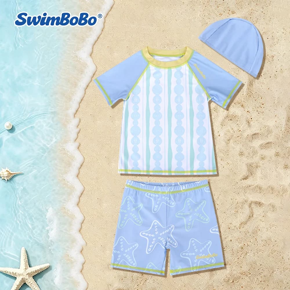 Boys 2-Piece Rash Guard Swimsuit Set UPF 50+ Sun Protection Quick Dry Short Sleeve Beach Pool Swimwear with Free Swim Cap