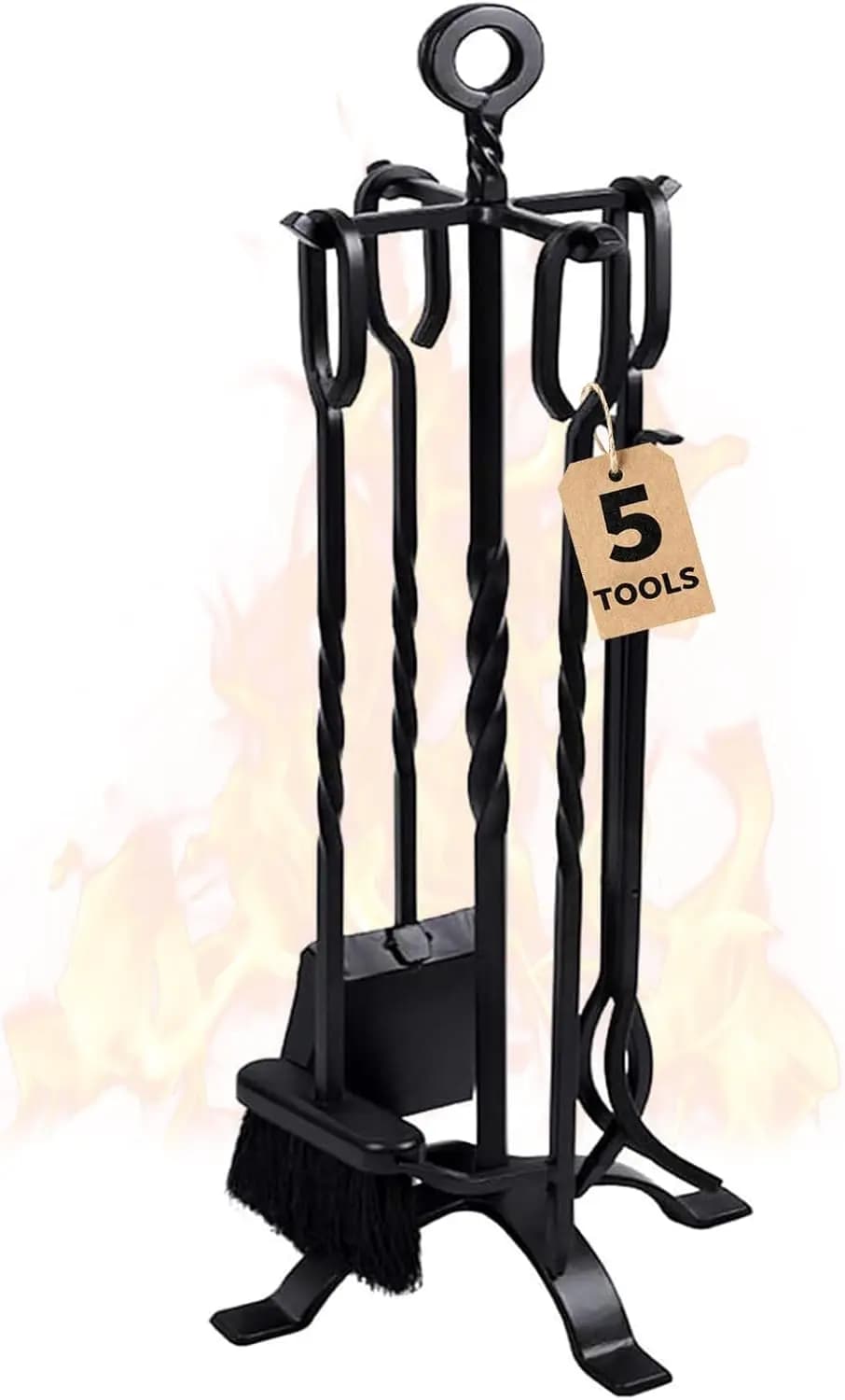 Set di 5 Utensili per Caminetto con Supporto, Pinze, Paletta, Spazzola e Spatola - Ferro Battuto Resistente per Uso Interno/Esterno