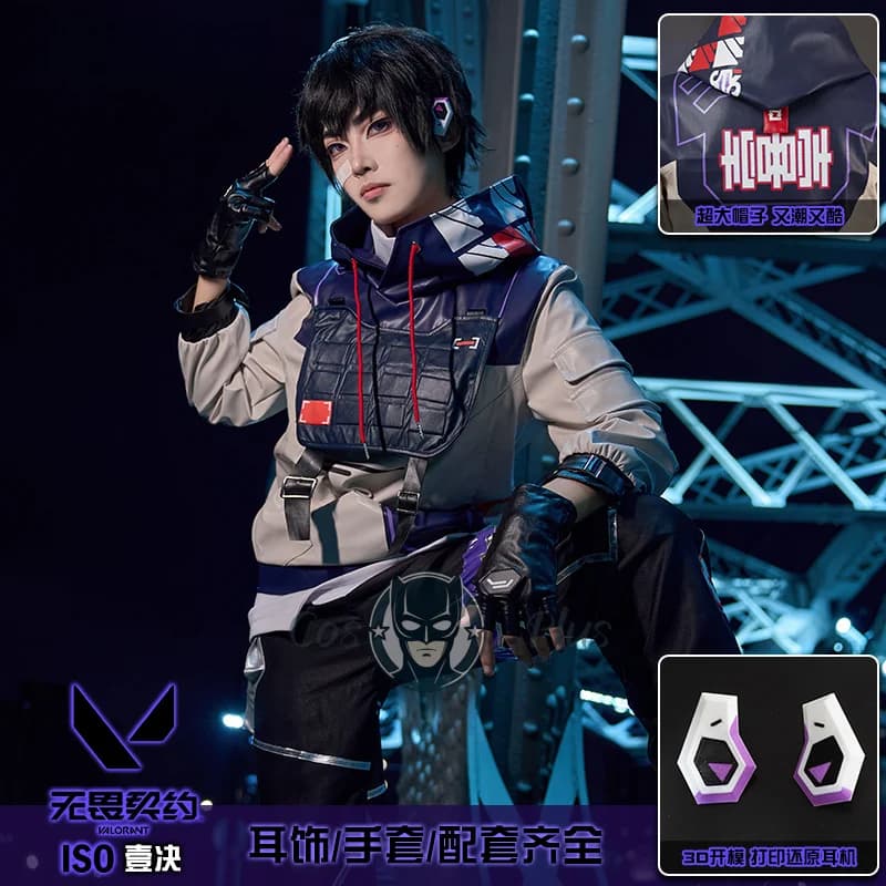 ISO Cosplay Valorant Costume Felpa con cappuccio Pantalone Gilet Guanti Uniforme Uomo Vestito Vestito Gioco di Halloween Festa di Carnevale Giochi di ruolo Vestiti