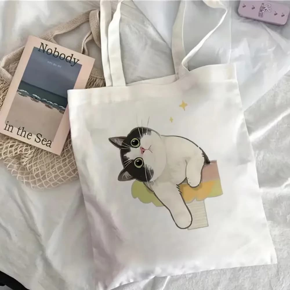 Watercolor Lazy Bicolor Cat On Tree Stump Print Canvas Tote Bag Soft Handbag For Daily Commute And Daily Use