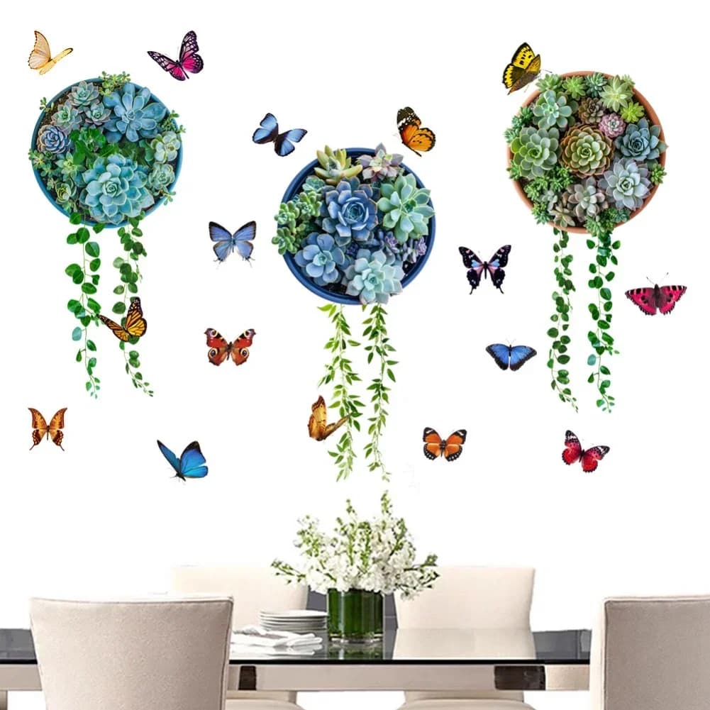 3D Succulent Potted Hanging Basket Wall Decor Green Plant Wall Sticker Removable Green Plants -Wallpaper Bedroom Living Room