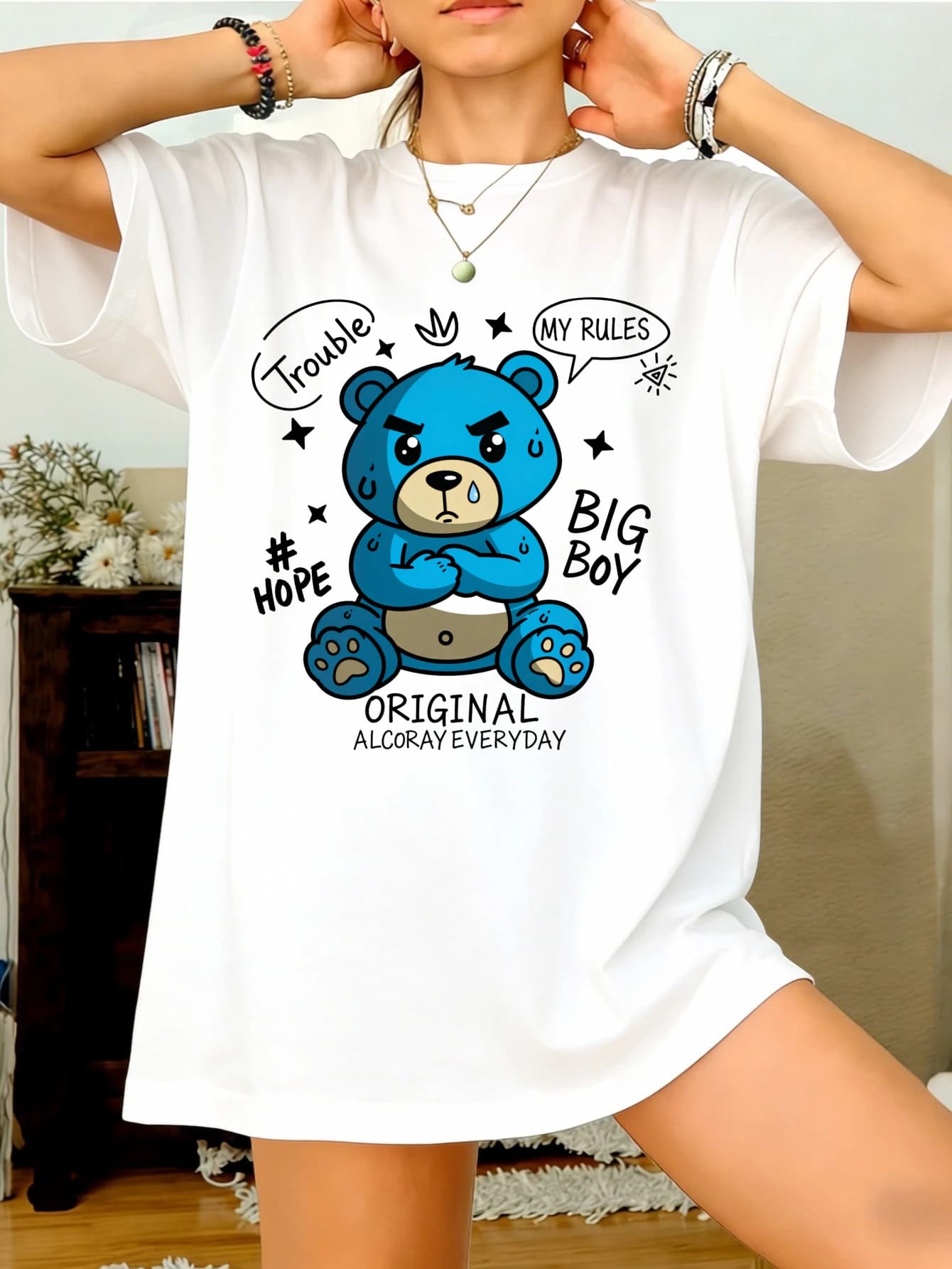 T-Shirt Estiva da Donna Casual a Maniche Corte Oversize in Cotone con Stampa Grafica Divertente Orso Blu Arrabbiato Streetwear