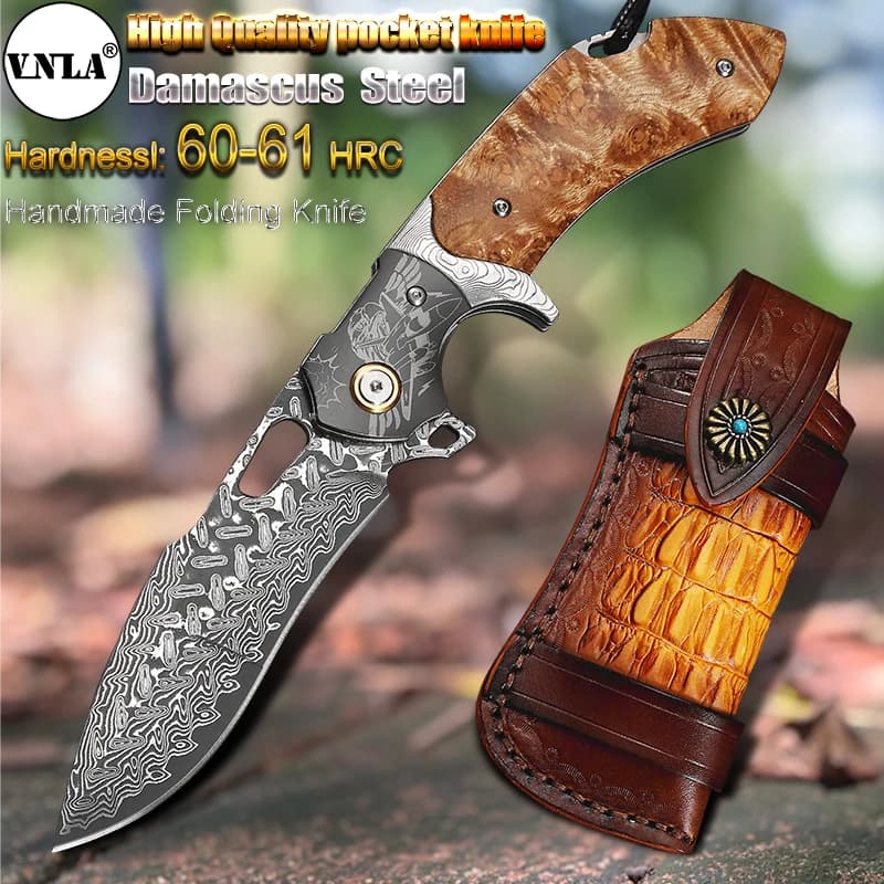 VNLA folding knife made of Damascus steel, portable multipurpose for kitchen, outdoor, camping, hunting, survival and hiking