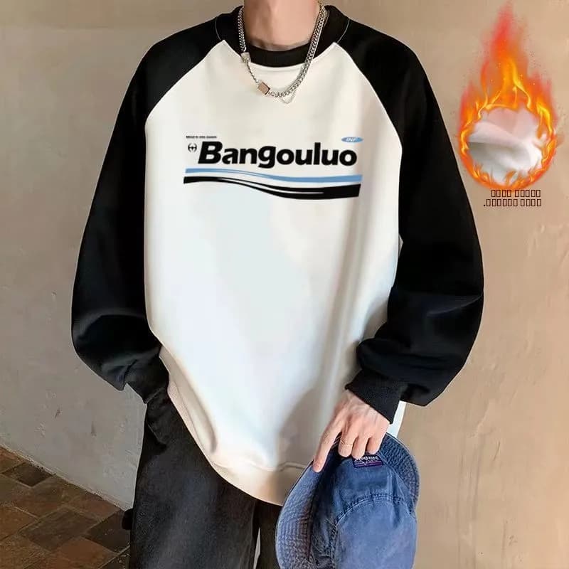 Felpa con Cappuccio Oversize da Uomo a Maniche Lunghe, in Pile Spesso con Inserti sulle Spalle, Girocollo, per Autunno Inverno, Casual