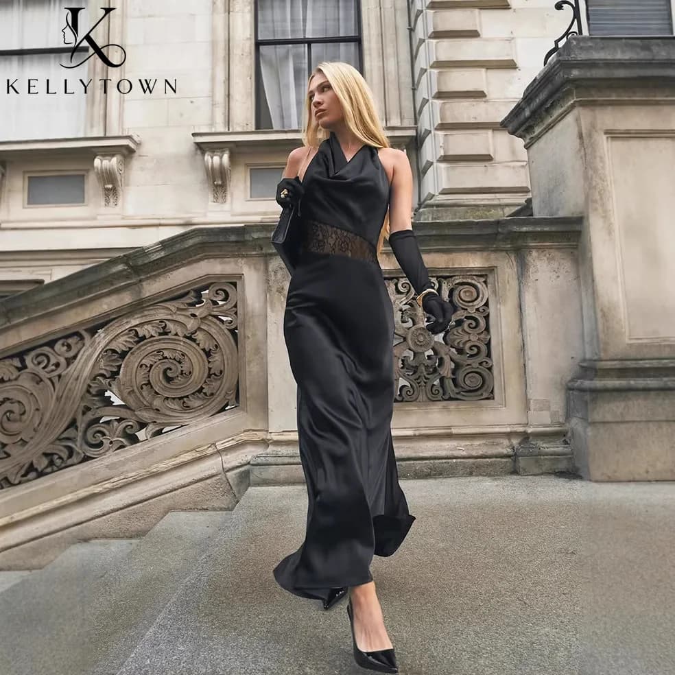 ELLYTOWN Satin Maxi Dress Women Black Halter Cowl Neck Sleeveless Sheer Lace Waist Slim Dress Backless Evening Party Dress Chic