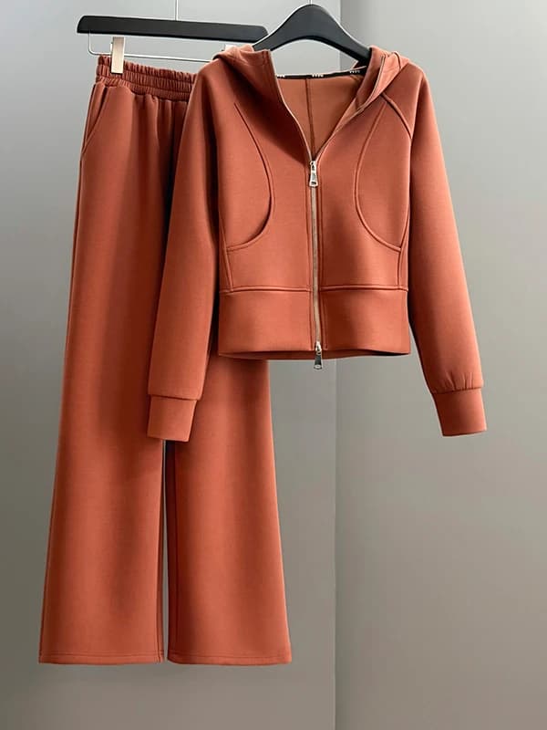 Casual Sportswear Set Women's Spring High Waist Wide Leg Pants Short Hoodie Two Piece Set Fashionable Street Style Compact Size