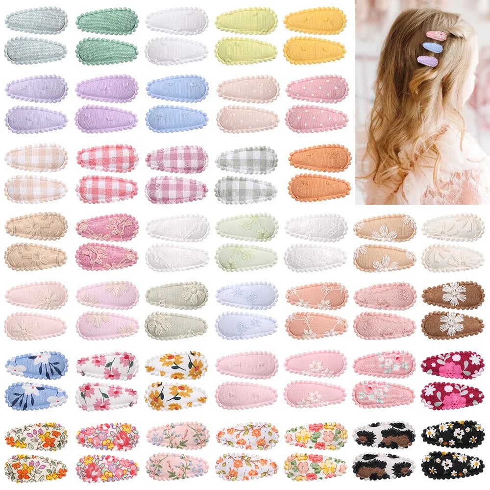 200 pcs/lot 1.4 "Plaid Floral Print snaps hair clips for girls Snap Hair Clamp Pins embroidery forcine Baby BB Berrettes Bulk