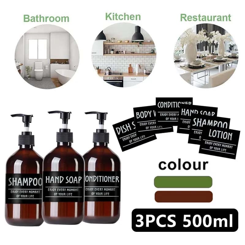 3 dispenser per shampoo, balsamo e sapone da 16 Oz, bottiglie in plastica verde ambra con etichette per bagno, cucina, lavello, viaggi, hotel