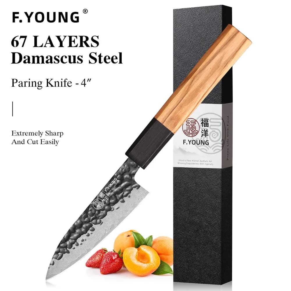 F.YOUNG 4" Japanese Handmade Fruit Chef Knife Damascus Steel Professional Kitchen Paring Knives Sharp Peel Utility Cooking Tools