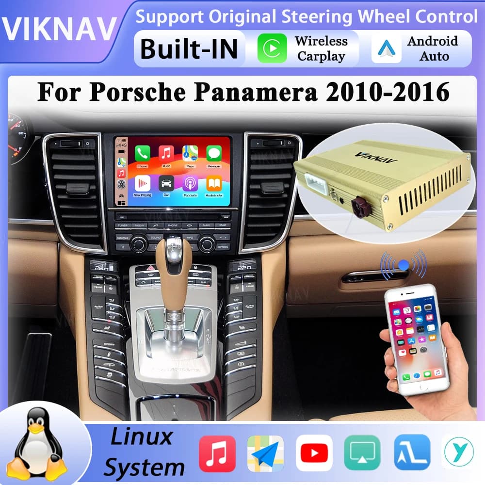 For Porsche Panamera Macan Cayenne Cayman 911 Wireless CarPlay Box Android Auto Decoder Box Airplay Stereo GPS Car Touch Screen