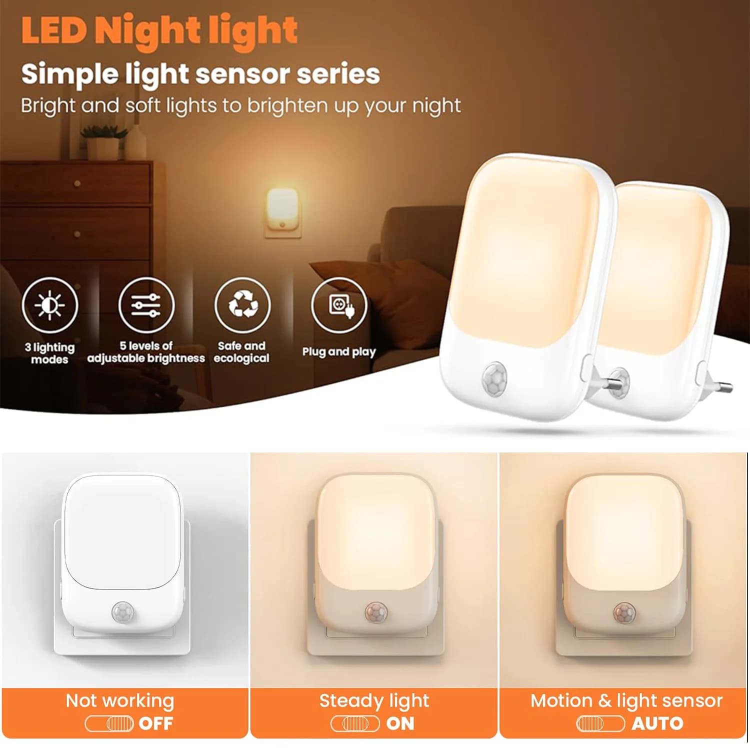 Luce notturna a LED intelligente con sensore, luminosità regolabile, adatta per camera da letto, bagno, corridoio, scala, cucina-Plug-in