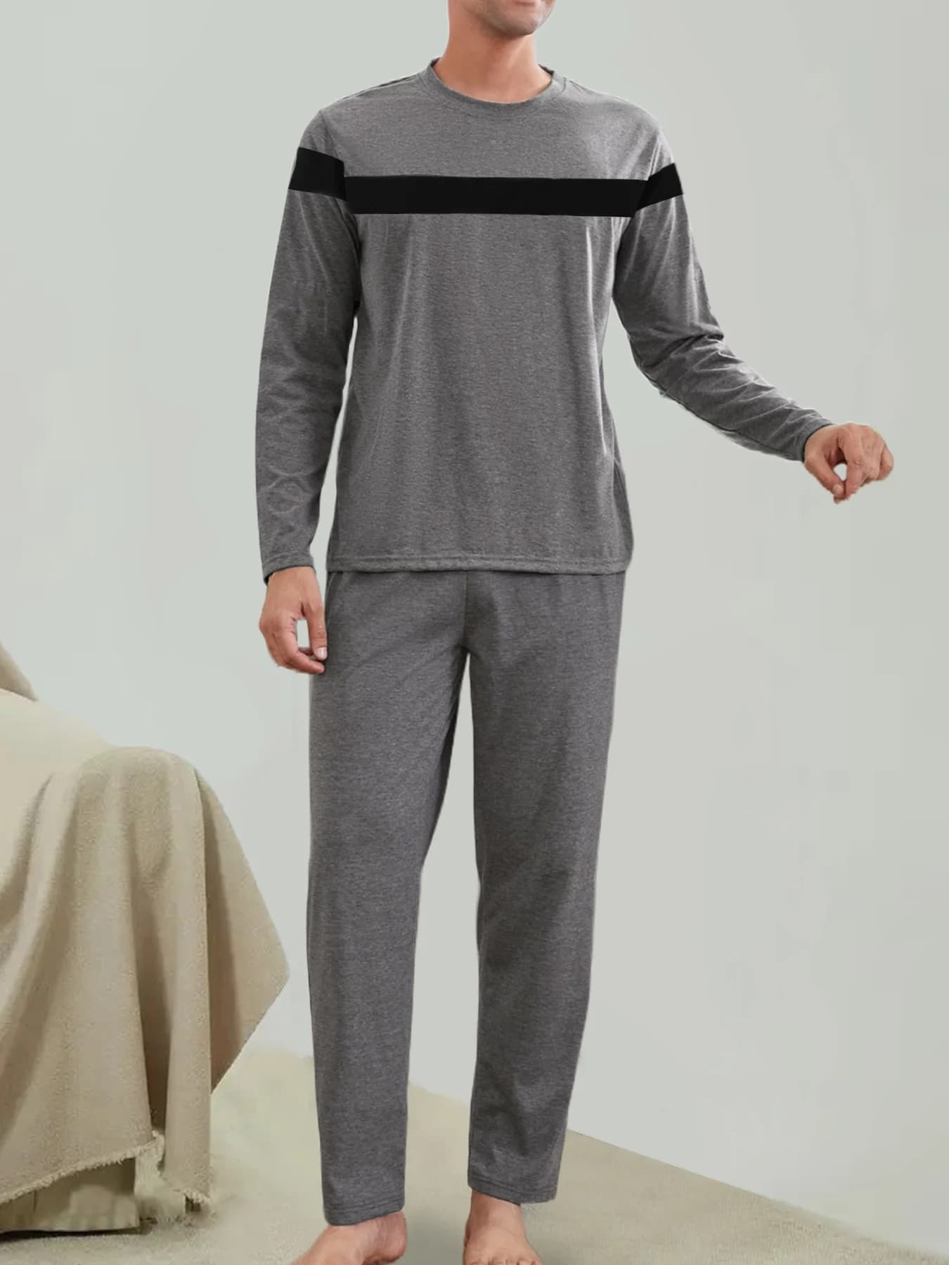 Men's Loungewear Set Grey and Black, 2 Pieces with Round Neck, Long Sleeves and Pants, Casual Pijama
