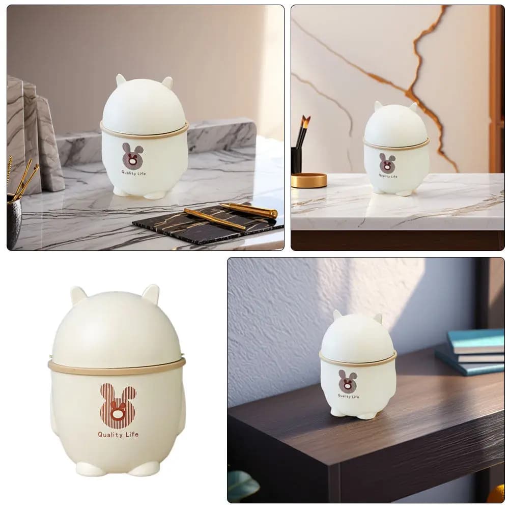 Cestino per Rifiuti da Scrivania con Coperchio Ribaltabile, Piccolo Contenitore Bianco in Plastica, Stile Cartone Animato, Mini Cestino per Ufficio e Cucina