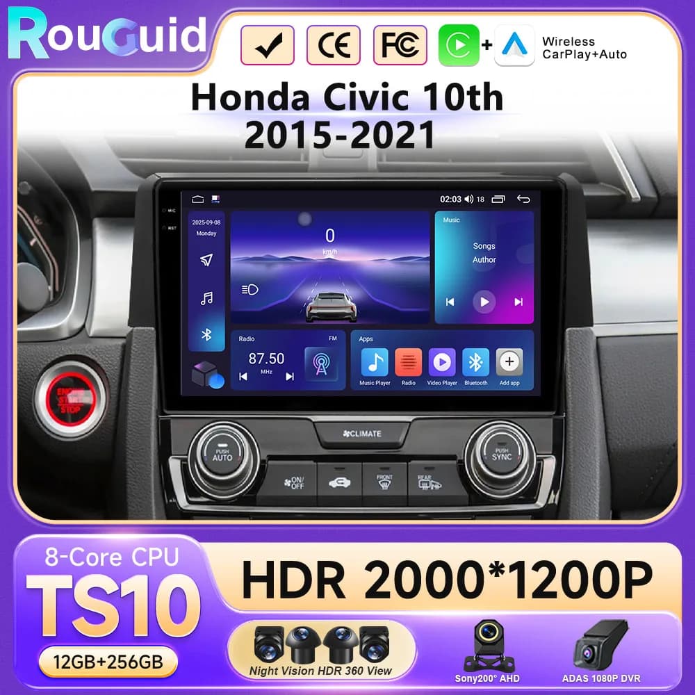 Autoradio per Honda Civic 10a generazione 2015 2016 2017 2018 2019 2020 2021 con Carplay Wireless, Android Auto, Multimedia Touch QLED e DVD