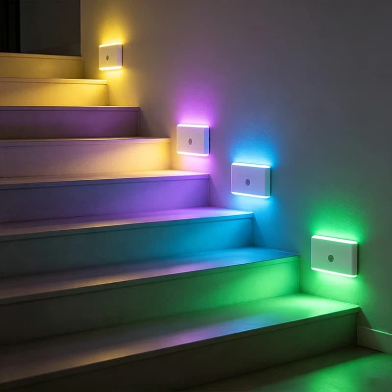 RGB Motion Sensor Stair Night Light Rechargeable LED Step Light with 5Color Modes Magnetic Stick‑on Sensor Wall Lamp for Stairca