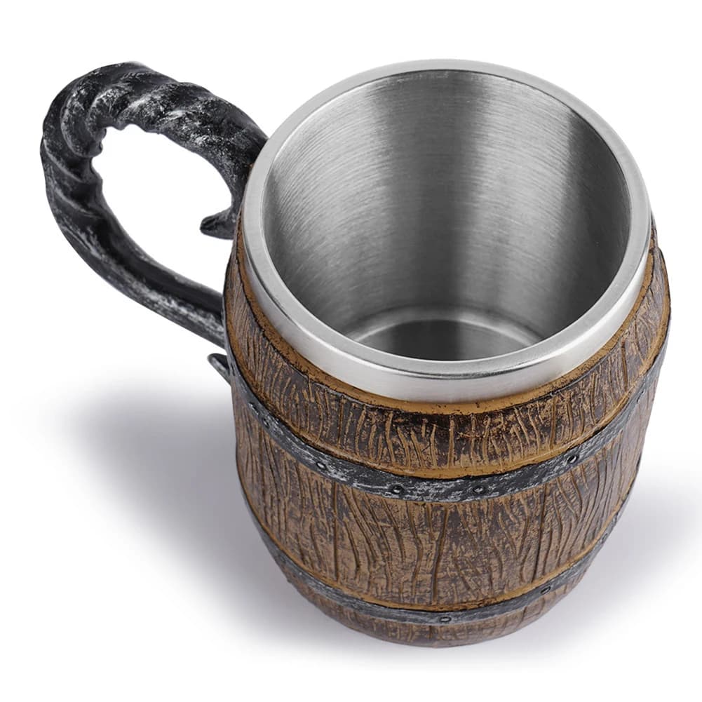 Simulazione Barile di legno Tazza Doppia parete Tazza termica isolata Resina portatile Acciaio inossidabile Retro per ornamento domestico
