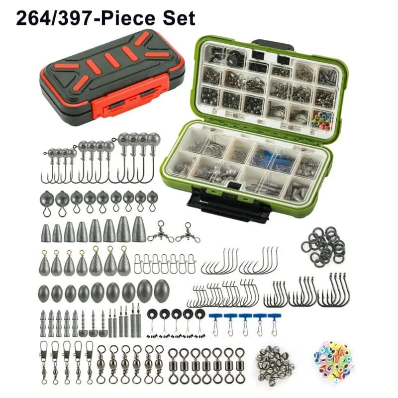 264/397 pieces Fishing accessories kit Organized fishing gear box with equipment included Hangers Raincoats Set of beads tools